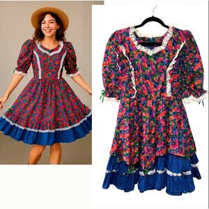 Vintage 80's Square Dancing Dress Size 6 100% Cotton Music Instruments Blue Red